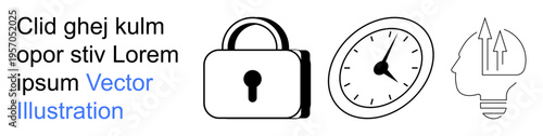 Data security, productivity, innovation, intellectual growth, time management, planning. Lock with keyhole, analog clock head with arrows. Data security and productivity illustrated