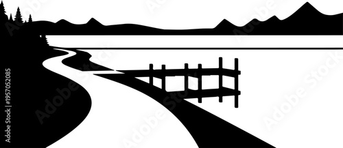 Black silhouette landscape, mountain lake shore, wooden fence, scenic vector illustration
