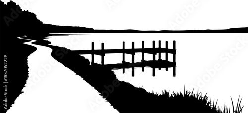 Black silhouette landscape, rural scenery, vector illustration, fence by water