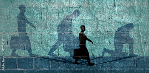 Difference between energy and mood level. Businessman in three versions tired and active. Ready to work and burnout comparison. Businessman walking with briefcase and casting shadow of weary man.