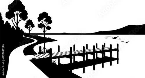 Black silhouette dock, lake landscape, vector illustration, scenic waterfront