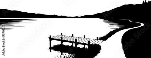 Black, white, dock, lake, silhouette, vector illustration, peaceful landscape, scenic view, monochromatic