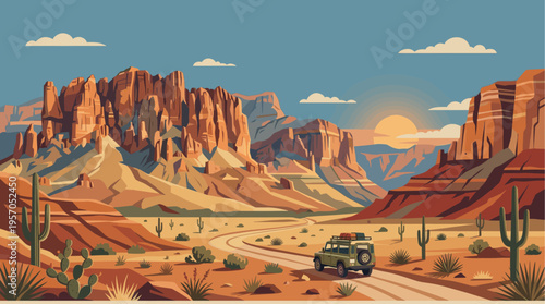 An off road vehicle drives on a dusty road through a majestic desert landscape with towering rock formations and cacti under a sunny sky.