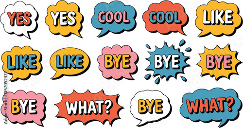 Collection of vibrant comic style speech bubbles displaying common conversational words like yes cool and bye