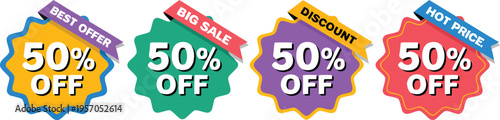 Four colorful 50% off sales tags with different promotional banners displayed on white