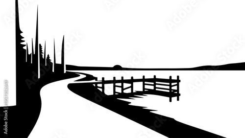 Black silhouette road landscape, countryside scene, vector illustration, fence and trees