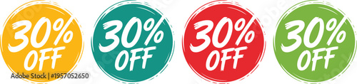 Four colorful circular badges prominently display 30% OFF text for sales and promotional offers