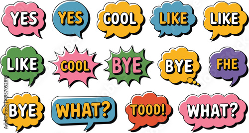Set of brightly colored comic style speech bubbles displaying popular words for online communication