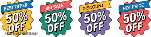 This striking teal and blue sticker announces a big sale with an exciting fifty percent discount