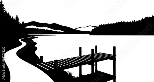 Lake dock silhouette, wooden pier, black landscape, serene scenery, vector illustration