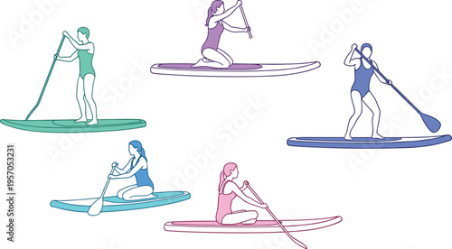 Women paddle boarding collection, stand up paddleboard poses, water sport activity, female athletes training on SUP boards, vector illustration set