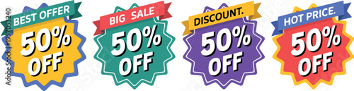 Vibrant set of four 50 percent off sale labels with promotional text on a white background
