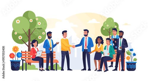 Diverse Business Professionals Networking and Handshaking in an Outdoor Park Setting