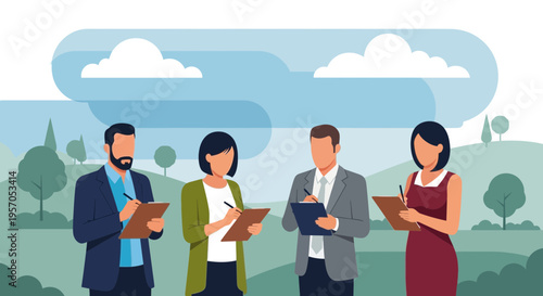 Diverse Business Professionals Writing Notes Outdoors