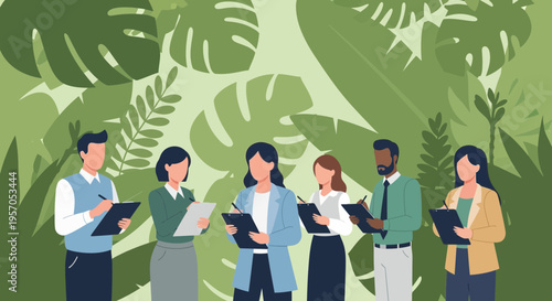 Diverse Business Team Writing on Clipboards Against Tropical Foliage Background