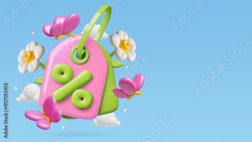 3d Price tag with flowers, butterflies and big percentage sign. Cute spring and summer sale background. Vector illustration.