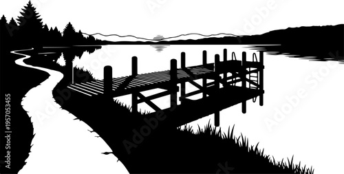 Black silhouette dock, lake landscape, vector illustration, scenic waterfront