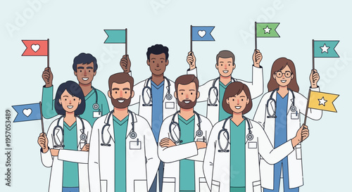 Diverse Group of Medical Professionals Holding Decorative Flags