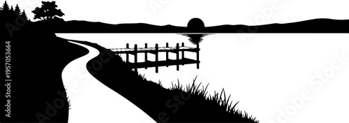 Black silhouette landscape, rural scenery, vector illustration, countryside scene