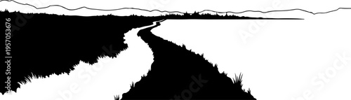 Black, white landscape vector, road illustration, scenic route graphic, monochrome travel design
