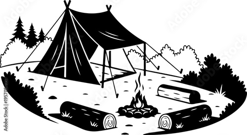 Vector illustration of camping scene with tent and campfire