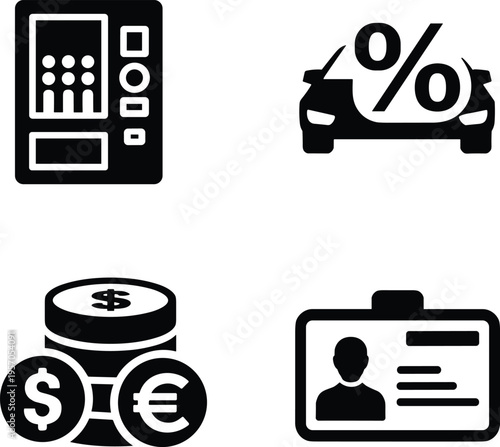 Vector icon set featuring automated teller machine, car loan percentage discount symbol, currency exchange coins with dollar and euro signs, and personal identity card.