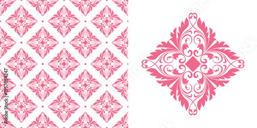 Wallpaper in the style of Baroque. White and pink floral ornament. Seamless vector background. Graphic pattern for fabric, wallpaper, packaging. Ornate Damask flower illustration