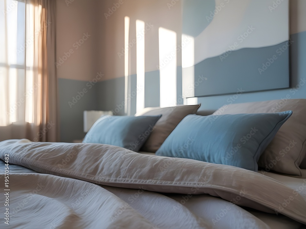 Fototapeta premium A Calm and Cozy Bedroom Retreat: A Softly Lit, Inviting Grey and Blue Room View as Seen from Relaxing Under Comfortable Bedding on a Peaceful Afternoon