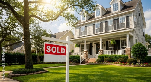 Beautiful white two story house with sold sign in front yard on sunny day