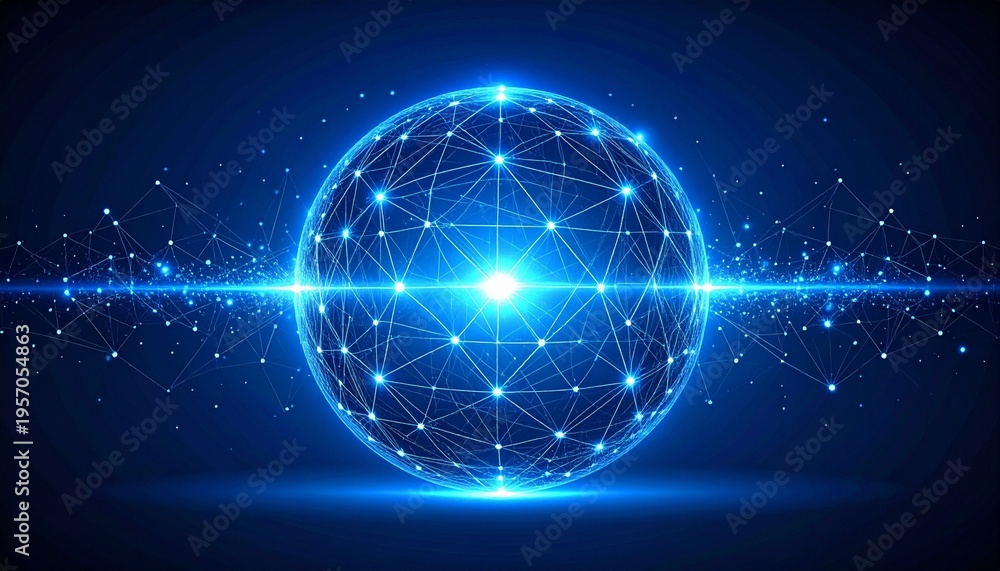 Obraz premium Glowing blue sphere with radiating connected dots and luminous lines, symbolizing atom model, digital network, or data visualization.