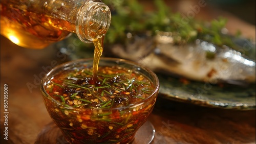 Pouring Spicy Chili Oil Sauce into Bowl for Grilled Fish Dish