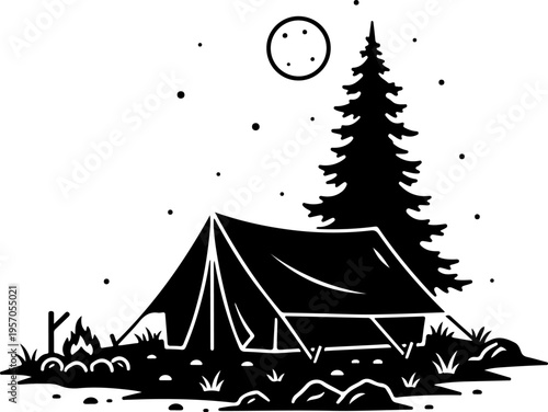 Black and white vector illustration of camping tent under starry night sky