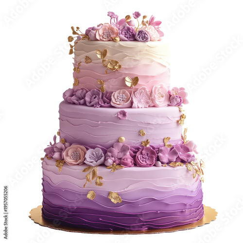 A beautiful three-tiered purple cake with flowers on transparent background