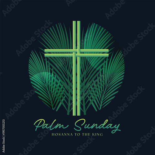 Palm sunday - Green palm leaf cross sign on circle with abstract palm leaves texture on dark blue background vector design