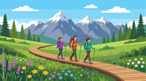 Three hikers trek along a scenic wooden boardwalk through a vibrant meadow dotted with flowers, with majestic snow-capped mountains and pine trees in the background.