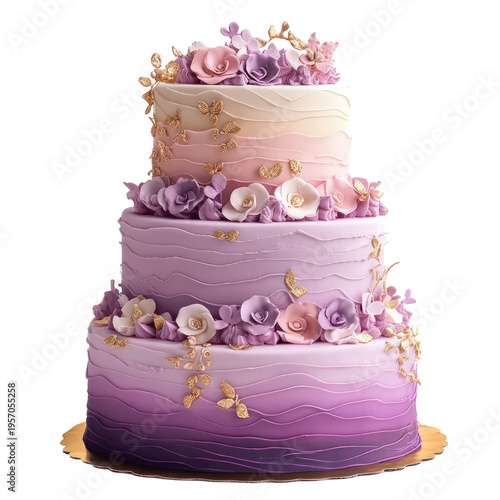 A beautifully decorated three-tiered purple cake with flowers on transparent background