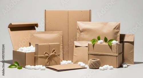 Assortment of various brown cardboard shipping boxes, envelopes, and packing peanuts demonstrates eco-friendly e-commerce packaging.