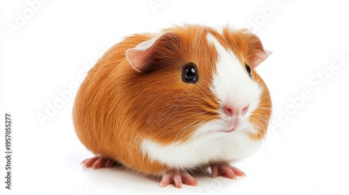 A happy guinea pig with brown and white fur on white background