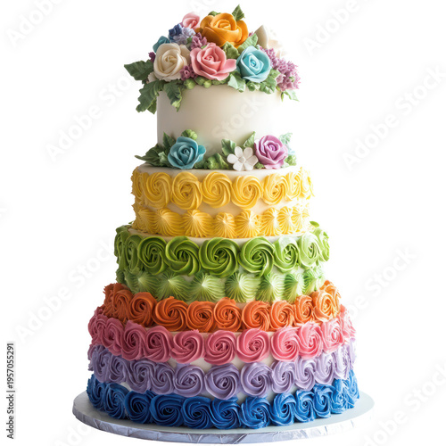 A multi-tiered cake with colorful frosting and flowers on transparent background