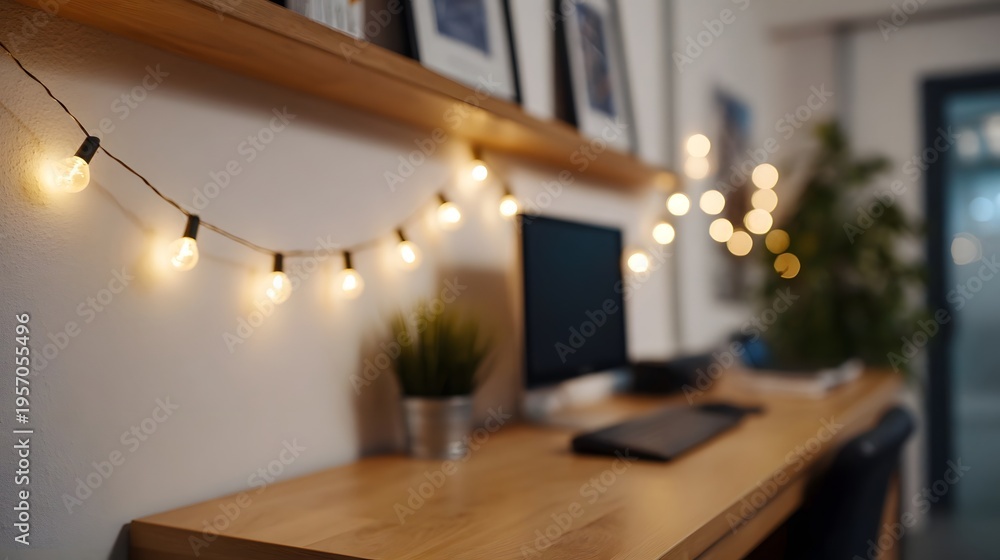 Fototapeta premium Cozy modern workspace with warm fairy lights draped over a shelf above a wooden desk and computer setup