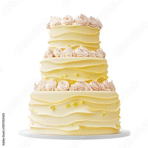 A multi-tiered wedding cake with white frosting on transparent background