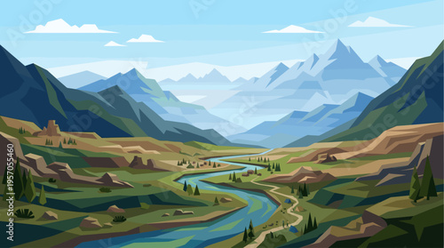 A stylized, geometric landscape depicts a winding river flowing through a valley with rolling hills and majestic mountains under a clear sky with clouds.