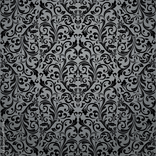 Wallpaper in the style of Baroque. Gray and black floral ornament. Seamless vector background. Graphic pattern for fabric, wallpaper, packaging. Ornate Damask flower illustration