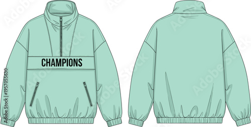 Mint green half zip pullover jacket with champions print front and back view casual apparel mockup fashion vector illustration