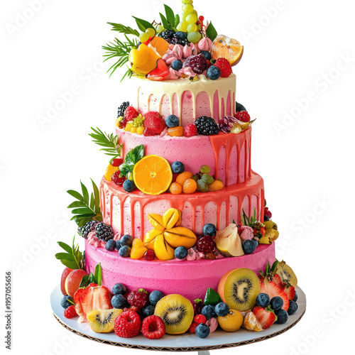 A three-tiered pink cake decorated with various fruits on transparent background