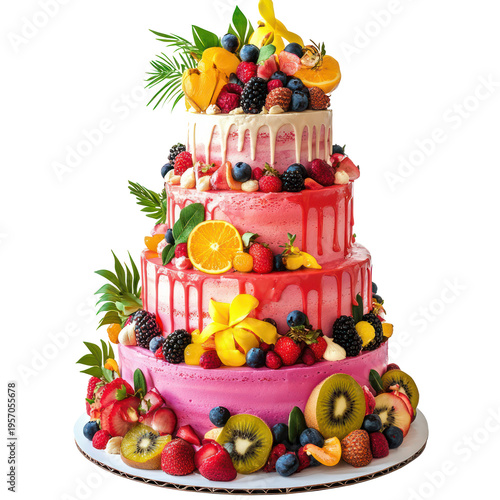 A multi-tiered pink cake adorned with fresh fruits and drizzled icing on transparent background