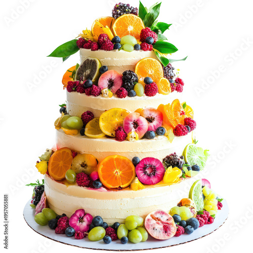 A multi-tiered cake adorned with fresh fruits on transparent background