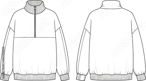 Half zip pullover jacket technical outline front and back view long sleeve apparel mockup fashion vector illustration clean design