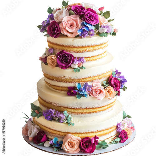 A beautiful multi-tiered wedding cake with colorful flowers on transparent background