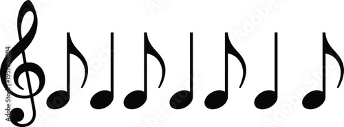 A musical notation with a treble clef and six eighth notes on a white background